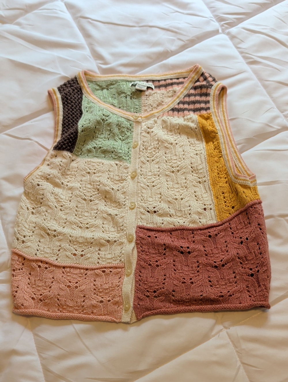 Hand-Knit Patchwork Button-Front Kids Vest - Pink, Cream, Green, Yellow